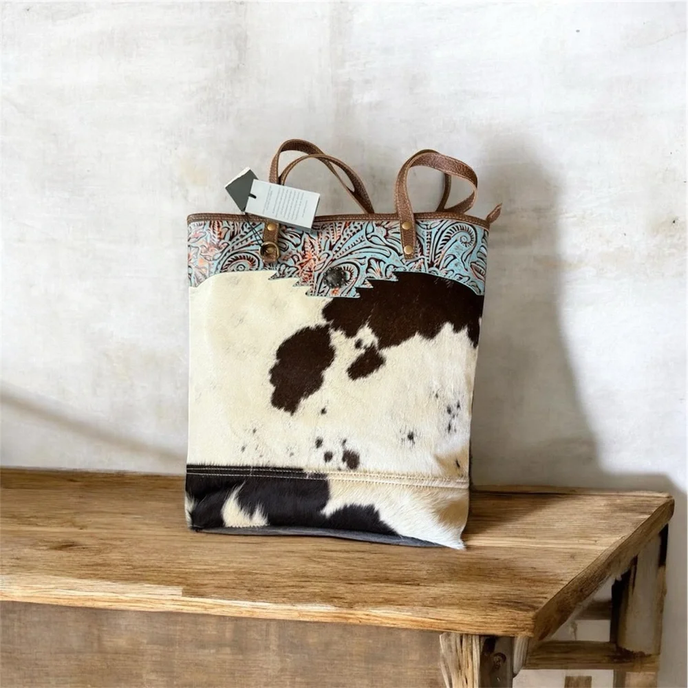 Cowhide‎ Tote Bag with Paisley Trim Western Cowgirl Bohemian Rustic